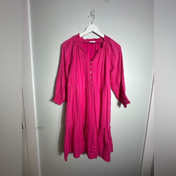 J. Jill Long Sleeve Hot Pink Tiered Knee Length Embroidered Dress Size XS - Picture 7 of 12